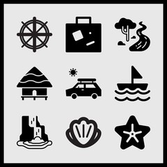 Simple 9 set of Summer related sea shell, holiday trip, sailboat and boat helm vector icons