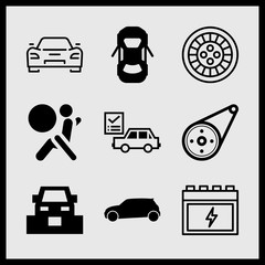 Simple 9 icon set of car related airbag, car, black car side view and car battery vector icons. Collection Illustration