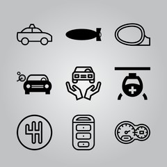 Simple 9 icon set of electronics related car with repair equipment, gearbox, taxi and helicopter vector icons. Collection Illustration