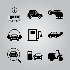 Simple 9 icon set of transport related helicopter, car and headphones, bus with a compass and gasoline refilling station vector icons. Collection Illustration
