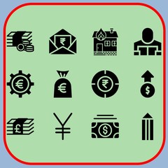 Simple 12 icon set of business related profits, money bag, euro and money vector icons. Collection Illustration