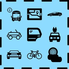 Simple 9 icon set of travel related gps on screen, car, three wheels and old style bicycle vector icons. Collection Illustration