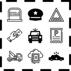 Simple 9 icon set of law related police cap, parking ticket, police car and no parking vector icons. Collection Illustration