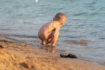 beach, children play and swim