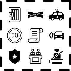Simple 9 icon set of law related legal paper, speed road radar, speed limit and police badge vector icons. Collection Illustration
