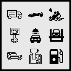 Simple 9 icon set of car related car parts, car, car repair and truck vector icons. Collection Illustration