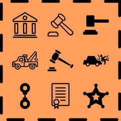 Simple 9 icon set of legal related auction, auction, car run over man and courthouse vector icons. Collection Illustration