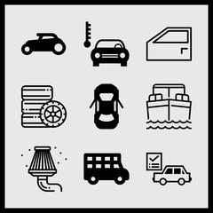 Simple 9 icon set of car related car, wheel, car repair check list and transportation truck vector icons. Collection Illustration
