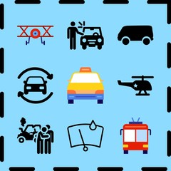 Fototapeta na wymiar Simple 9 icon set of travel related trolleybus, van black silhouette from side view, car breakdown and windshield vector icons. Collection Illustration
