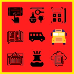 Simple 9 icon set of edication related library, science, calculator and flask vector icons. Collection Illustration