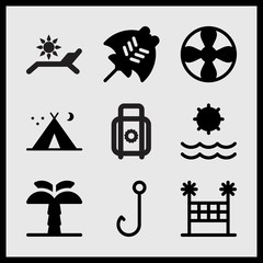 Simple 9 set of Summer related propeller, palm tree, sun and hook vector icons