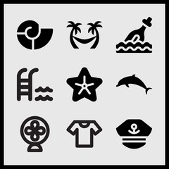 Simple 9 set of Summer related captain, short sleeves t shirt, jumping dolphin and swimming pool and stair vector icons