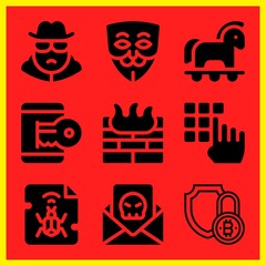 Simple 9 icon set of hacker related hacker, firewall, malware and security vector icons. Collection Illustration