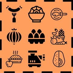 Simple 9 icon set of cooking related frying pan, meat grinder, apple pie and sausage vector icons. Collection Illustration