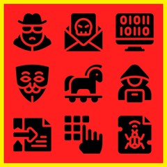 Simple 9 icon set of hacker related spy, hacker, malware and anonymous vector icons. Collection Illustration
