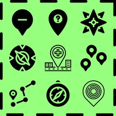 Simple 9 icon set of map related location, compass, pin and windrose vector icons. Collection Illustration