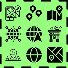 Simple 9 icon set of map related globe, location, location and gps vector icons. Collection Illustration