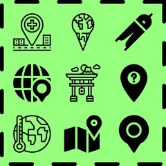 Simple 9 icon set of map related compass, map, globe and pin vector icons. Collection Illustration