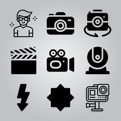 Simple 9 icon set of camera related webcam, video camera, night mode and action camera vector icons. Collection Illustration