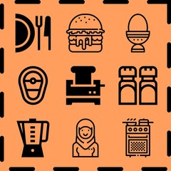 Simple 9 icon set of cooking related toaster, dish, steak and malaysian vector icons. Collection Illustration