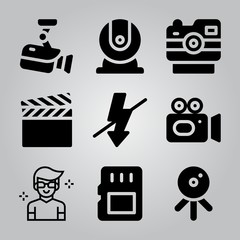 Simple 9 icon set of camera related film, camera, flash and video camera vector icons. Collection Illustration