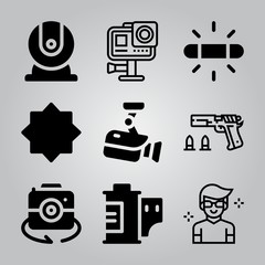 Simple 9 icon set of camera related night mode, camera, shooting and webcam vector icons. Collection Illustration