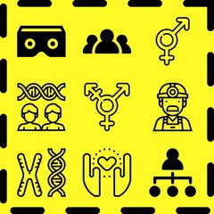 Simple 9 icon set of human related ar glasses, cloning, chromosome and genders vector icons. Collection Illustration