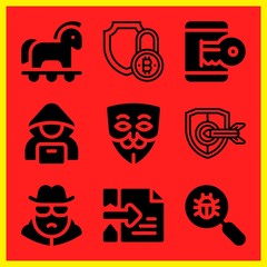 Simple 9 icon set of hacker related spy, trojan, hacker and virus search vector icons. Collection Illustration
