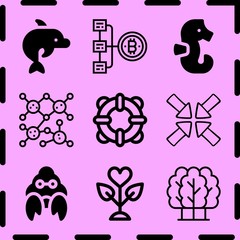 Simple 9 icon set of life related genesis, hermit crab, trees and minimize vector icons. Collection Illustration