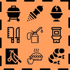 Simple 9 icon set of cooking related knives, food, chop and oil vector icons. Collection Illustration