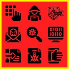 Simple 9 icon set of hacker related hacker, virus search, hacker and binary code vector icons. Collection Illustration