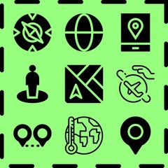 Simple 9 icon set of map related gps, worldwide, map and global warming vector icons. Collection Illustration