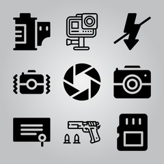 Simple 9 icon set of camera related shooting, film roll, degree and camera vector icons. Collection Illustration