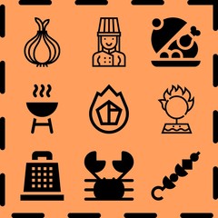 Simple 9 icon set of cooking related onion, chef, skewer and grill vector icons. Collection Illustration