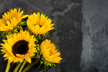 Yellow Sunflower Bouquet on Grey Grunge Background, Autumn Conce