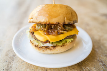 Homemade cheeseburger with fresh vegetables, fresh tasty burger with cheese, pickles, tomato, caramelized onion and lettuce