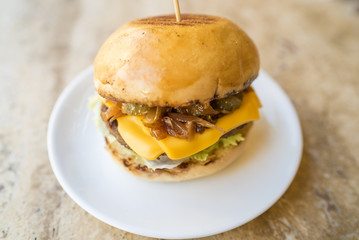 Homemade cheeseburger with fresh vegetables, fresh tasty burger with cheese, pickles, tomato, caramelized onion and lettuce