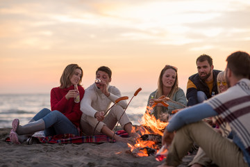 Group Of Young Friends Sitting By The Fire at beach