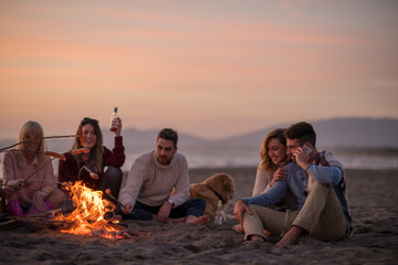 Group Of Young Friends Sitting By The Fire at beach