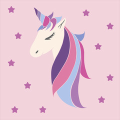 vector pink unicorn beautiful for girls, festive purple, for birthday. head of a unicorn with a horn and mane