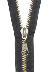 Close-up of a metal zipper on a white background