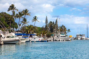 Motorboats and sailboats docked in the harbor at Lahaina, Maui, Hawaii