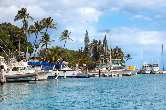 Motorboats And Sailboats Docked In The Harbor At Lahaina, Maui, Hawaii