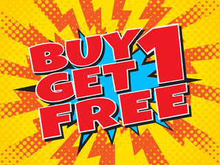 Buy1 Get1 Free, wording in comic speech bubble on burst background