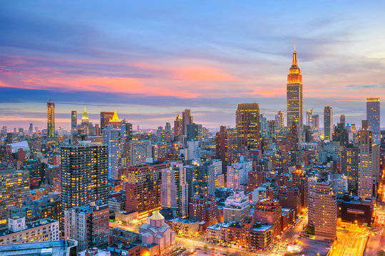 New York City midtown skyline at sunset