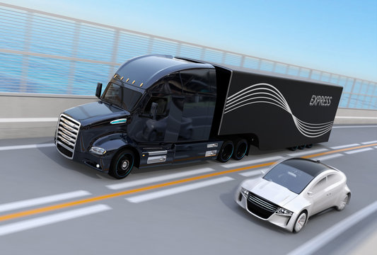 Black Fuel Cell Powered American Truck passing a white sedan on highway. 3D rendering image.