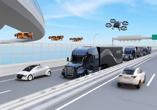 Fleet of American Trucks, cargo drones and flying car. Logistics and transportation concept. 3D rendering image.