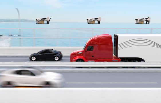 Fleet of American Trucks, cargo drones. Logistics and transportation concept. 3D rendering image.