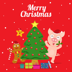 Fototapeta na wymiar merry christmas with cute pig illustration