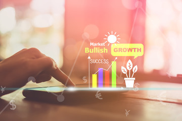 Woman hand using smartphone or tablet to do business, financial or trading stock forex market in park outdoor nature road background.